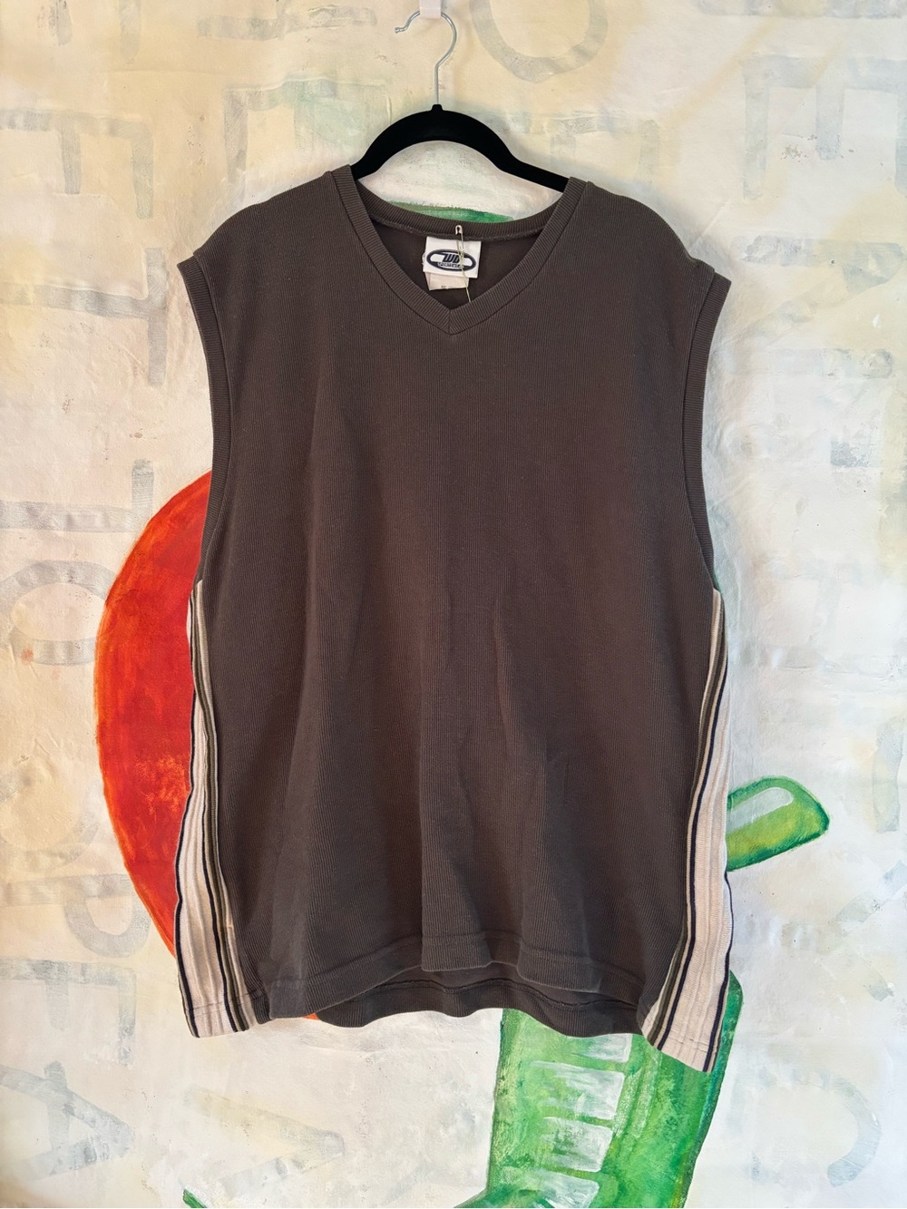 Sleeveless V-Neck Knit Top in Charcoal with Striped Sides
